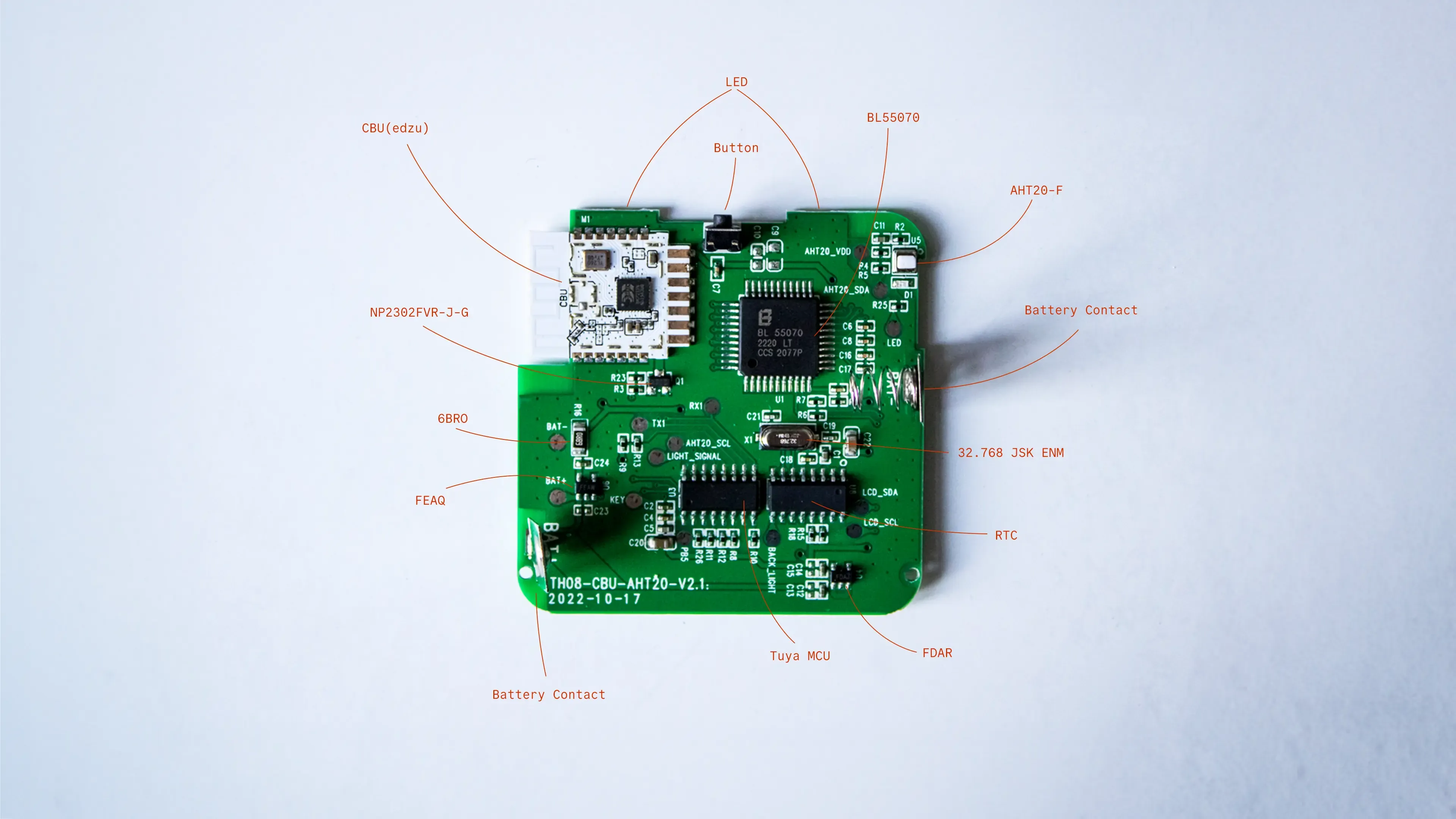 Top view of the PCB with annotated components.